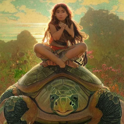 Image similar to a little warrior girl sitting on top of one giant turtle with a wise face looking at her. the girl has dark skin and beautiful green eyes, realistic full body and a very beautiful detailed symmetrical face with long black hair. diffuse light, dramatic sky and landscape, long shot fantasy illustration by mucha