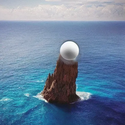 Image similar to a huge inverted conical rock floating in the air above an ocean. Awe inspiring background, fantasy!!!