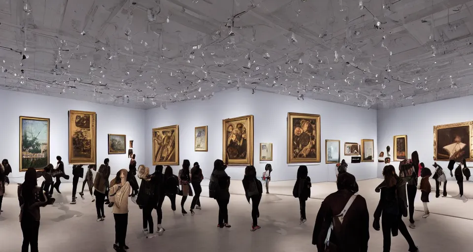 Prompt: museum gallery filled with people that appreciating AI generated image