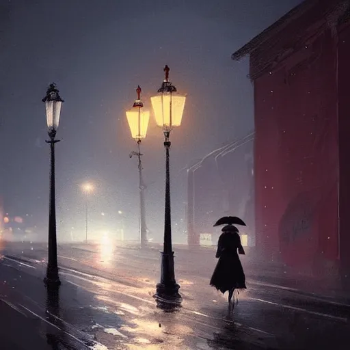 Image similar to lonely road of moscow at night with a single lamp post, walking woman with umbrella, artstation, detailed, by greg rutkowski,