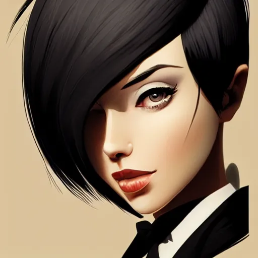 Image similar to slim girl in tuxedo with short black hair, elegant, 2d, ultra highly detailed, digital painting, smooth, sharp focus, artstation, art by Ilya Kuvshinov