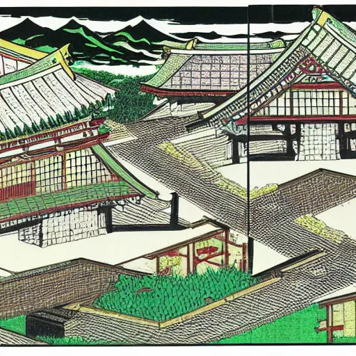 Prompt: illustration of a Japanese village from Stephen Biesty\'s Incredible Cross-Sections (1992)