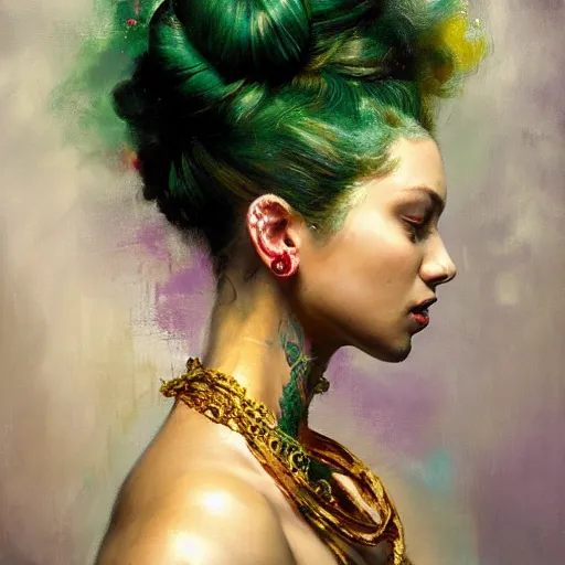 Image similar to an epic painting of a 1 9 years old girl figure, curly messy high bun hairstyle, oriental tattoos, subject wearing a gold and ruby high fashion gown, flowing, ornate, beautiful, muted tonal colors, with few vivid green highlights, by jeremy mann and greg rutkowski, artstation, oil on canvas