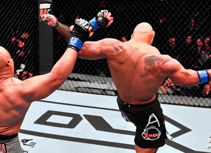 Image similar to dwayne the rock johnson knocking out an opponent in the ufc, 4 k, photorealistic