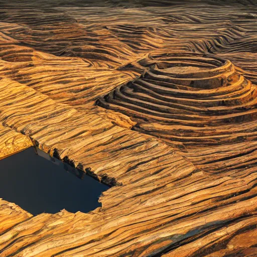 Image similar to bottom-up view huge deep stone quarry landscape quarry of dirty iron ore in the evening light golden hour, atmospheric lighting, 8k resolution, best color graded, vray beautiful, hyper-realistic render W 1920 H 1080