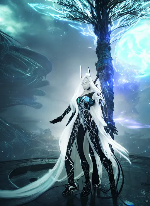 Image similar to photo of a sorceress near mage tower, warframe armor, cyborg, magical dress, fantasy, white hair, trees, village far away, stunning effects, interesting angle, glow, sharp focus, 8 k high definition, insanely detailed, intricate, intelligent, art by akihiko yoshida and shirotaka