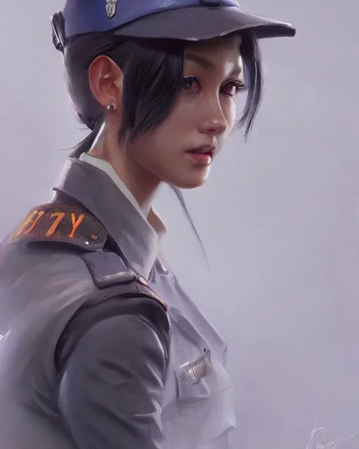 Prompt: Hyper realistic painting of a beautiful girl in a police uniform, hyper detailed, anime, by greg rutkowski, trending on artstation