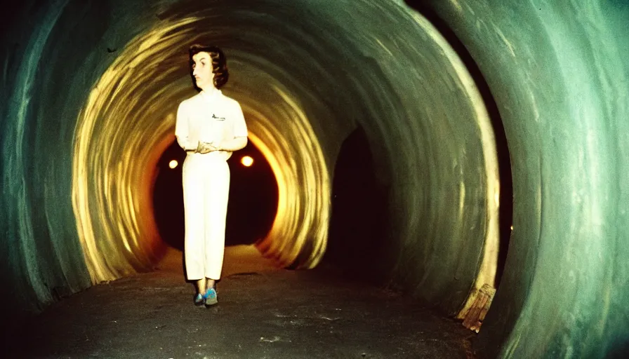 Image similar to 5 0 s movie still of a human fish with legs in a tunnel, cinestill 8 0 0 t 3 5 mm technicolor, heavy grain, high quality, high detail