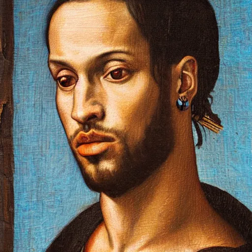 Image similar to a renaissance style portrait painting of travis scott