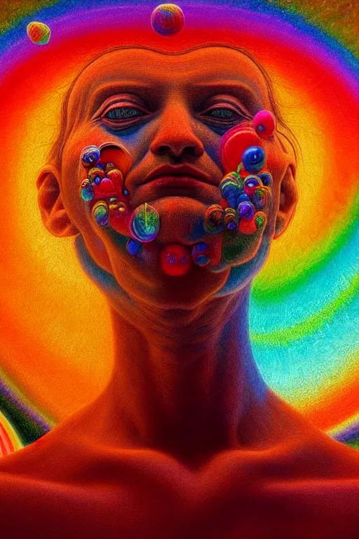 Image similar to hyperrealistic close-up Renaissance psychedelic!! celestial happy pure kind! creature!!! peaceful! kind spirit of nature highly detailed concept art eric zener elson peter cinematic hard rainbow lighting high angle hd 8k sharp shallow depth of field, inspired by Zdzisław Beksiński Salvador Dali