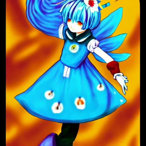 Image similar to cirno from touhou project in the style of salvador dali, painting, detailed, fine art, cute