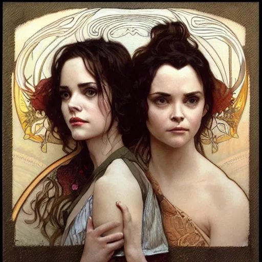 Image similar to amazing lifelike award winning pencil illustration of Winona Ryder and Christina ricci trending on art station artgerm Greg rutkowski alphonse mucha cinematic