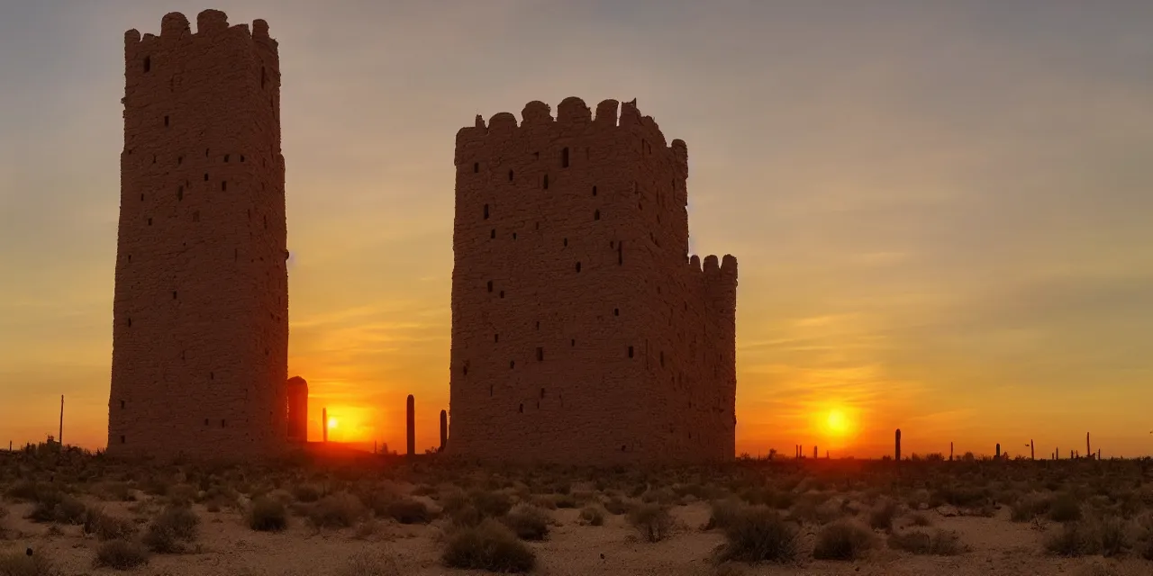 Image similar to sunset on a desert, eldritch tower in the middle distance, green tinged sky with a red sun