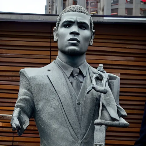 Prompt: stone statue of chris brown wearing a suit and tie