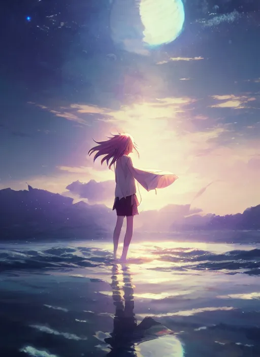 Prompt: anime girl walking on water, ripples, reflections in water, backdrop of dawn, saturn in the background, illustration, concept art, anime, key visual, trending pixiv fanbox by wlop and greg rutkowski and makoto shinkai and studio ghibli