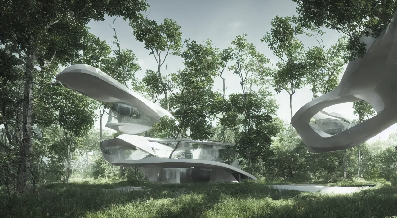 Prompt: a futuristic house sitting in the middle of the forest, unreal engine, zaha hadid, tom wright, ludwig mies van der rohe architectural designs, volumetric lighting, octane render, 8 k