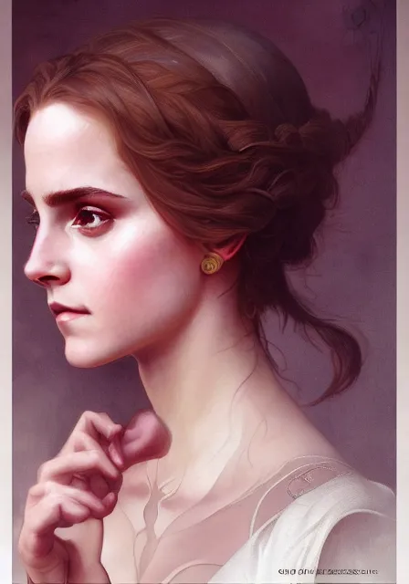Prompt: emma watson, intricate, elegant, highly detailed, digital painting, artstation, concept art, smooth, sharp focus, illustration, art by artgerm and greg rutkowski and alphonse mucha and william - adolphe bouguereau