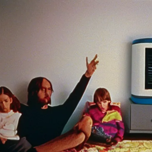 Image similar to extra terrestrial vaguely shown in corner of a living room in 1 9 7 3, family time, fuji film