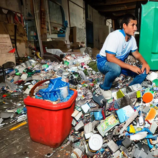 Image similar to a realistic photo of a latin american recycler making a robot with materials of the retro garbage left by people from their daily consumption, dystopic and utopic conceptual art