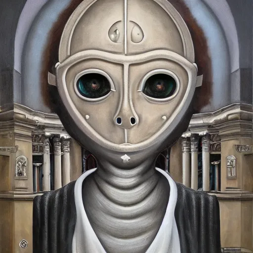 Prompt: portrait of a sentinel with piercing eyes in an pewter mask, ambient courtyard, morning light, romanesque architecture, chiaroscuro, atmospheric, light cascading, minimalist, lowbrow, pop surrealism, avery palmer, mark ryden, mike davis, marion peck, camille rose garcia, todd schorr and ray caesar, oil on canvas