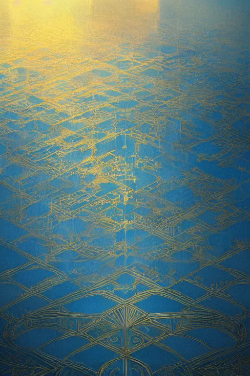 Image similar to art deco patterns, blue and gold, 8 k, powerfull, intricate, elegant, volumetric lighting, scenery, digital painting, highly detailed, artstation, sharp focus, illustration, concept art, ruan jia, steve mccurry, beksinski