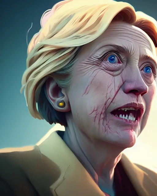 Image similar to highly detailed vfx portrait of a beaten up hillary clinton, stephen bliss, unreal engine, greg rutkowski, loish, rhads, beeple, makoto shinkai and lois van baarle, ilya kuvshinov, rossdraws, tom bagshaw, alphonse mucha, global illumination, detailed and intricate environment