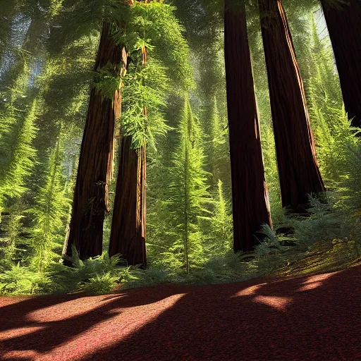 Image similar to of marijuana plants instead of coastal redwood trees in the redwoods forest in california, 4 k photorealism hd