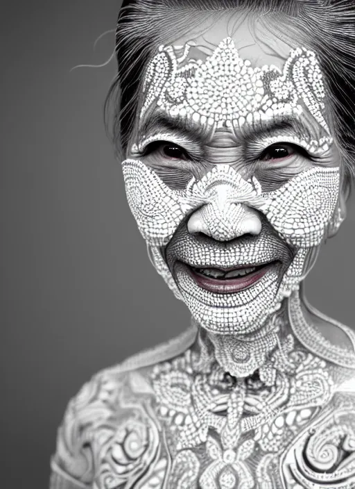 Prompt: a happy older thai woman with reflections in her eyes and slicked hair, painted with intricate white paint pattern, asymmetrical, clear skin, futuristic, elegant, graceful, fashionable, cinematic, hyperdetailed illustration by irakli nadar and alexandre ferra, depth of field, global illumination,