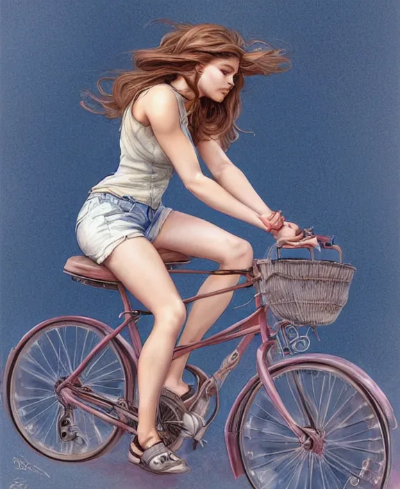 Prompt: portrait of barbara palvin riding a bicycle in denim shorts, side view, intricate, elegant, highly detailed, digital painting, artstation, concept art, art by artgerm and greg rutkowski and alphonse mucha