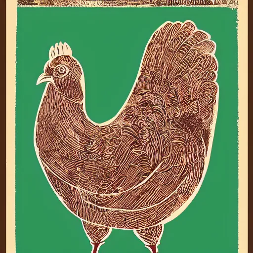 Image similar to a wood block print of a beautiful a Chicken by Sergio Santamaría and Vladimir Zimakov.