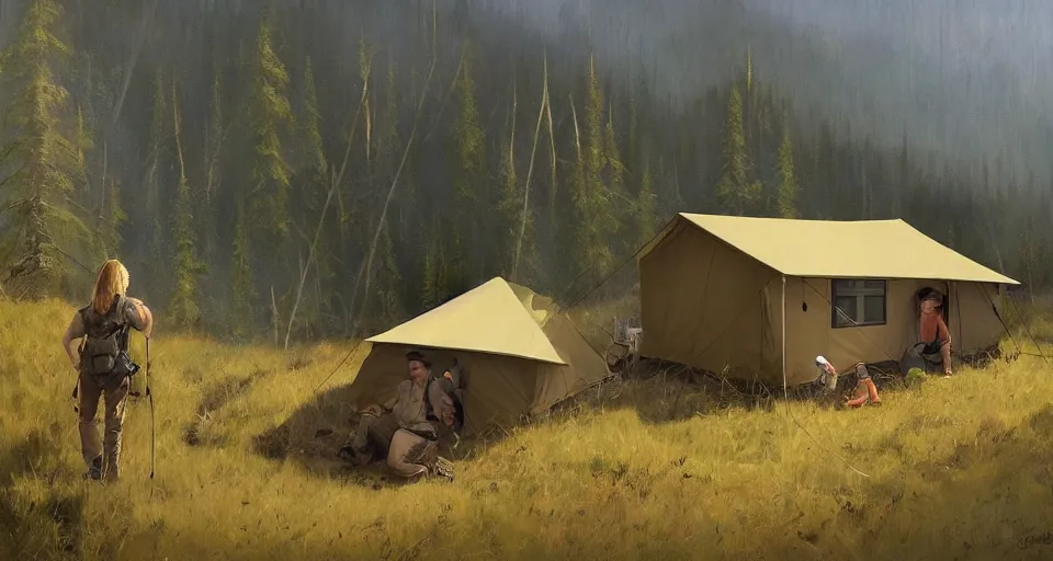 Image similar to cabela's beautiful comfortable carbon framed, military grade, modular insulated wall portable container home kit - house all weather family dwelling tent house, person in foreground, mountainous forested wilderness open fields, beautiful views, painterly concept art, environmental concept art, concept art illustration, by james gurney, by craig mullins, by greg rutkowski trending on artstation