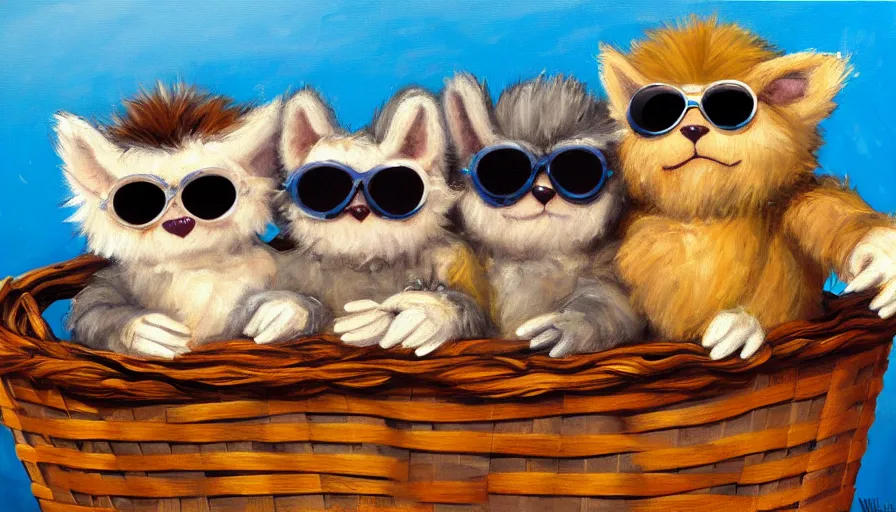 Image similar to highly detailed painting of cute furry furbys wearing shades cuddling up in a basket by william turner, thick brush strokes and visible paint layers, 4 k resolution