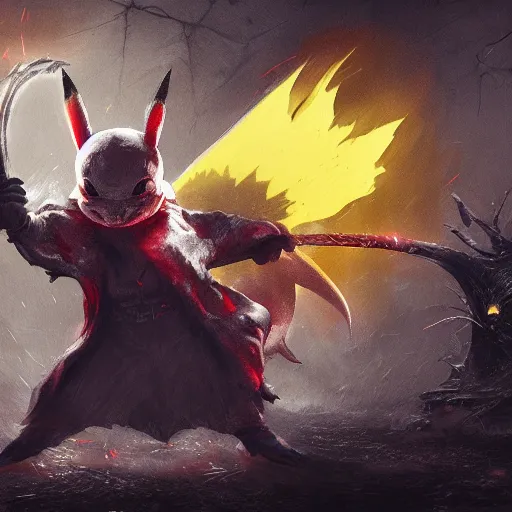 Prompt: Pikachu as a bloodborne boss digital art in the style of Greg Rutkowski and Craig Mullins, 4k