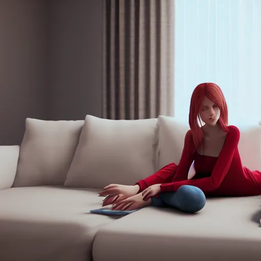 Image similar to 3 d render of a cute thin young woman, red blush, wearing casual clothes, small smile, relaxing on a couch, cuddling up under a blanket cozy living room, medium shot, 8 k, octane render, trending on artstation, unreal engine 5, hyperrealism