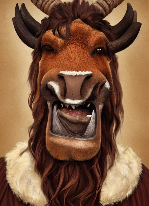 Prompt: a brown haired young tauren with stubble, short hair, wearing brown robes, smiling, close up, portrait style, wisdom, photographic print, artgerm, hyper - realistic