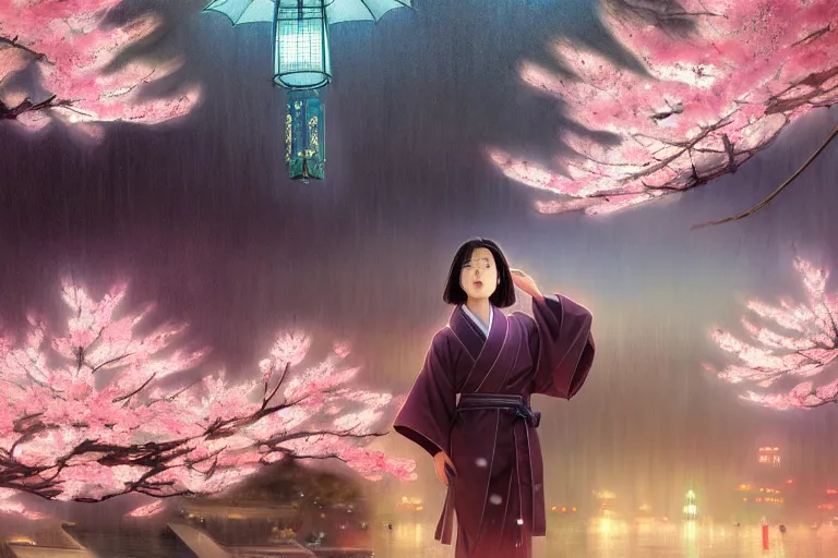 Prompt: a beautiful tardigrade!!! wearing a kimono at a fireworks sakura festival. rainy, dreamlike art, mist, realistic shaded, fine details, 4 k realistic, cryengine, realistic shaded lighting poster by greg rutkowski, magali villeneuve, artgerm, jeremy lipkin and michael garmash and rob rey