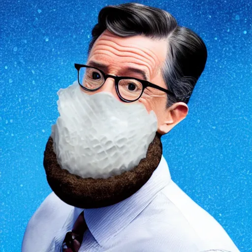 Prompt: stephen colbert with a frozen frosted beard ice cubes beard cooling pack beard