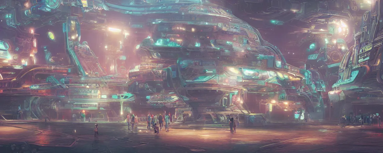 Prompt: detailed concept art illustration colorful pastel painting of a retro sci-fi alien spaceport in full intricate detail, ultra detailed, digital art, octane render, 4K, dystopian, micro details