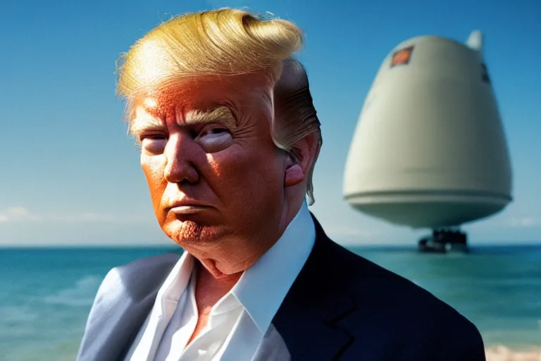 Prompt: closeup portrait of donald trump at a beach resort with a nuclear warhead in the background, natural light, sharp, detailed face, magazine, press, photo, steve mccurry, david lazar, canon, nikon, focus