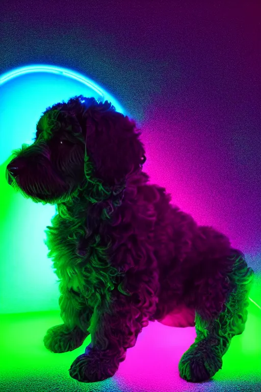 Image similar to a cute bernedoodle puppy sitting in gaming chair + neon rgb light strips, large computer monitor, space themed walls, vaporwave, dramatic, confident, rule of thirds, 4 k, award winning, octane render, volumetric lighting