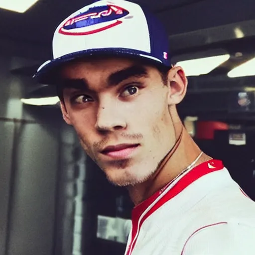 Image similar to “a realistic photo of a guy who is an attractive baseball player man who is part cyborg and part humanoid, who is a robot, Pierre Gasly”