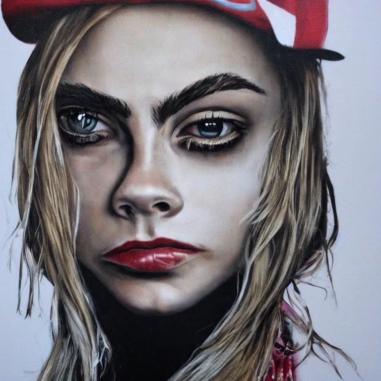 Image similar to Street-art portrait of Cara Delevingne in style of Banksy, photorealism