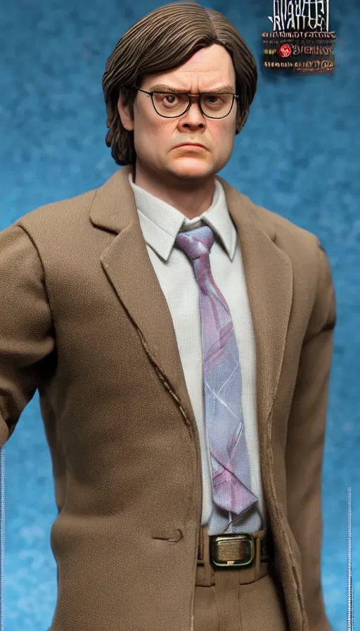 Image similar to hot toys figurine of dwight schrute, realistic, up close image, 1 / 1 6 th scale, unopened, listing image, hd