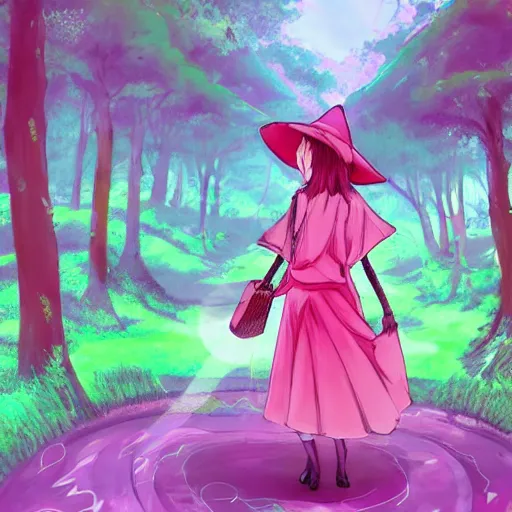 Image similar to a pink mage wearing a small satchel and a pink witch's hat walking through a lush psychedelic forest, concept art, anime