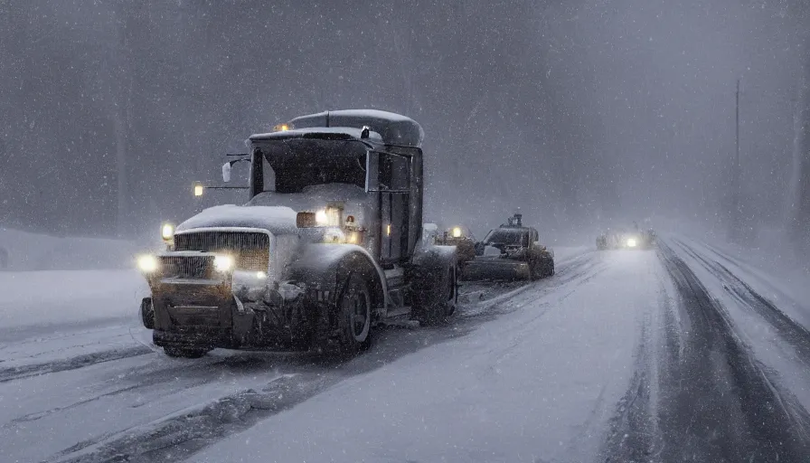 Image similar to A cozy Snowplow! stuck in the heavy snow of a beautiful snowy landscape. A blizzard and heavy snow falls. Fog and mist, highly detailed, concept art, digital art, 4k, high snow