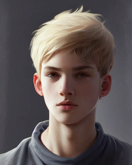 Image similar to portrait of 1 5 - year - old boy, with slender, white - blond hair, cold grey eyes, a pale complexion with sharp and pointed features, highly detailed, digital painting, artstation, concept art, smooth, sharp focus, illustration, art by artgerm and greg rutkowski and alphonse mucha