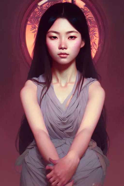 portrait of beautiful asian girl, digital art, highly