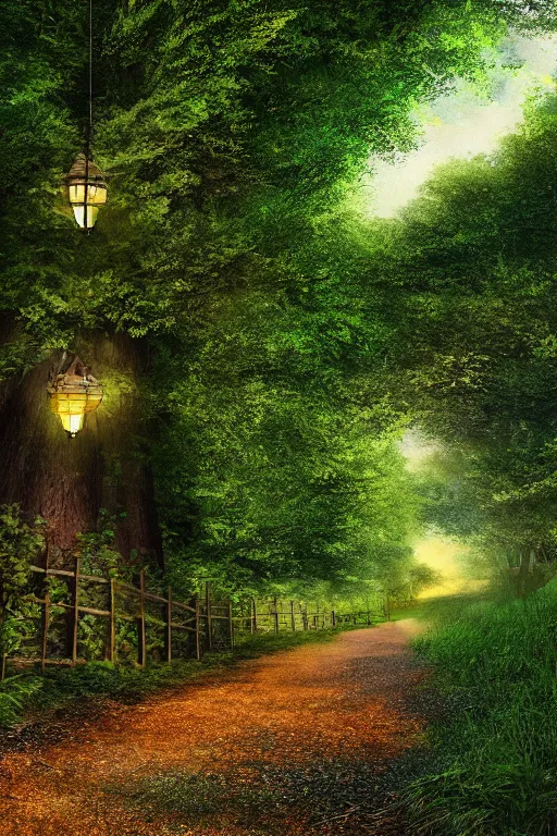 Image similar to a beautiful digital glossy clear sharp of a detailed summer day fantasy fireflies forest trees roots lanterns iron gate cobblestone pathway vines james gurney, 8 k resolution trending on artstation