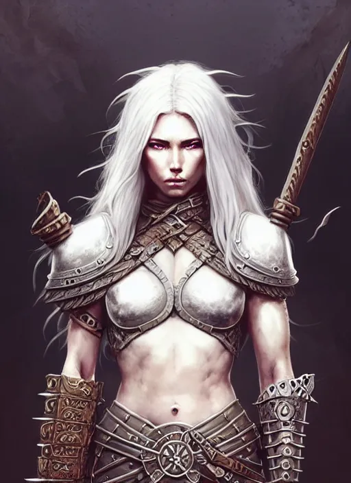 Prompt: barbarian, plated armor!!! long wild white hair!! covered chest!!! fantasy, d & d, intricate ornate details, digital painting, pretty face!!, symmetry, concept art, sharp focus, illustration, art by artgerm! greg rutkowski magali villeneuve wlop! ilya kuvshinov!!, octane render