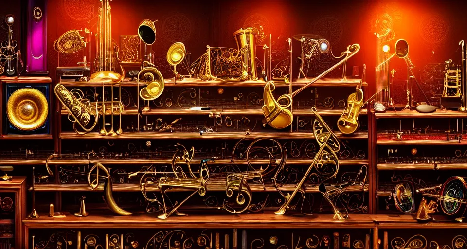 Prompt: a shelf of amazing magical musical instruments, cinematic lighting, detailed, beautiful colors, ornate, by greg rutowski and wlop 4 k